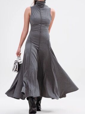 Sleeveless Turtleneck Flared Maxi Dress in Charcoal Gray